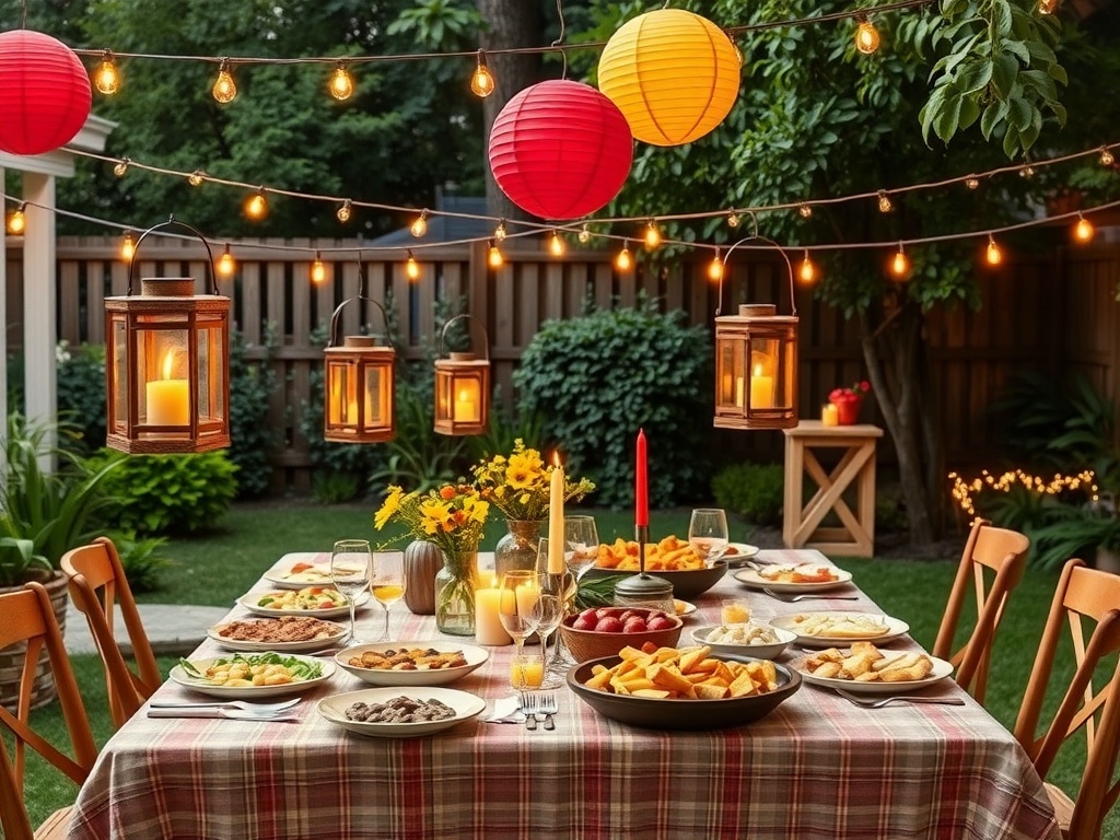 A beautifully set outdoor dinner table for twelve, decorated with lanterns and string lights in a backyard garden.