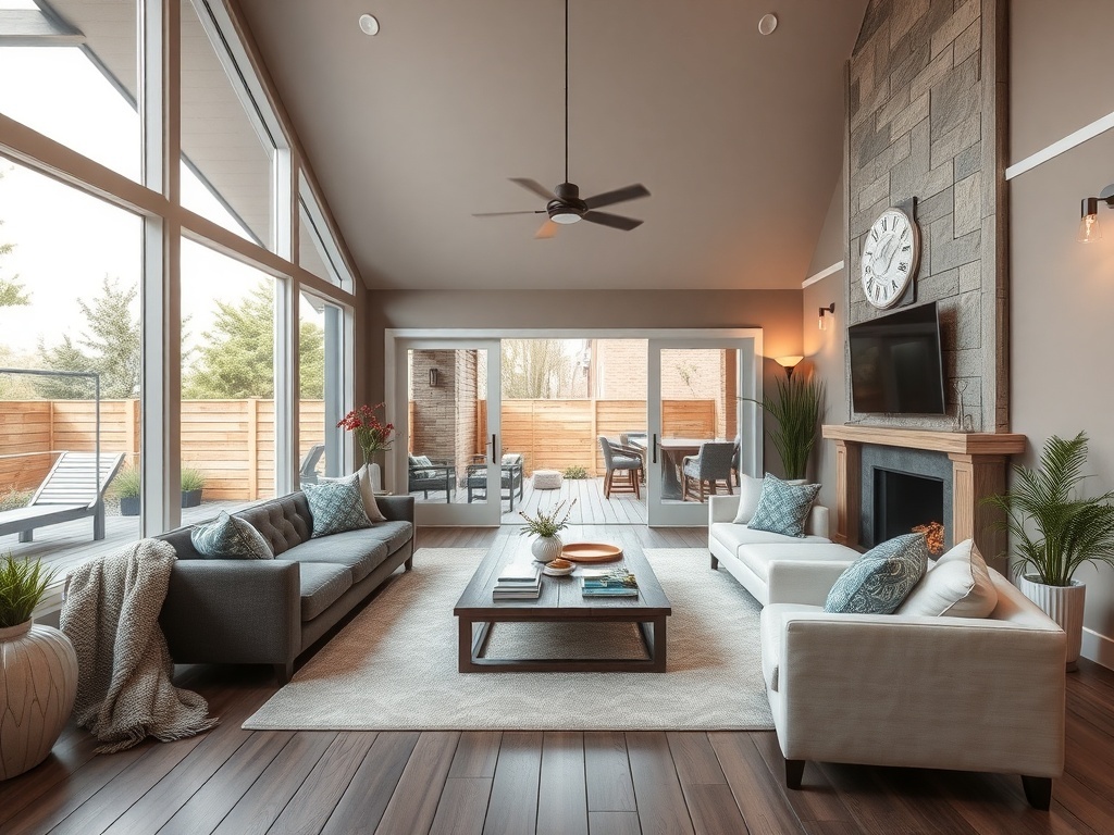 A modern living room with large windows, comfortable seating, and natural decor, inspired by outdoor elements.