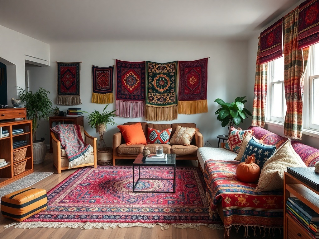 A boho living room with colorful tapestries on the wall, layered textiles on the sofa, and a vibrant rug.