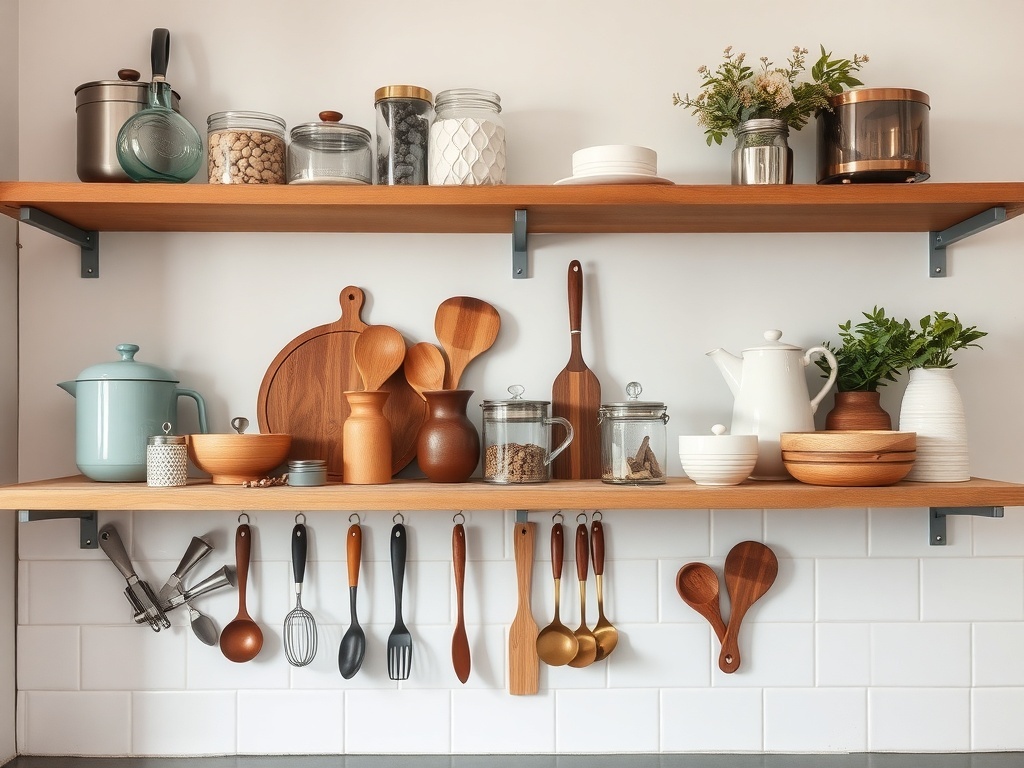 Stylish open kitchen shelves displaying a mix of functional cookware and decorative items.