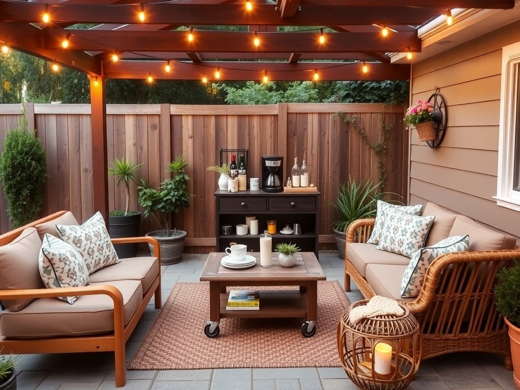 Outdoor coffee patio bar with cozy seating, string lights, and a coffee station.