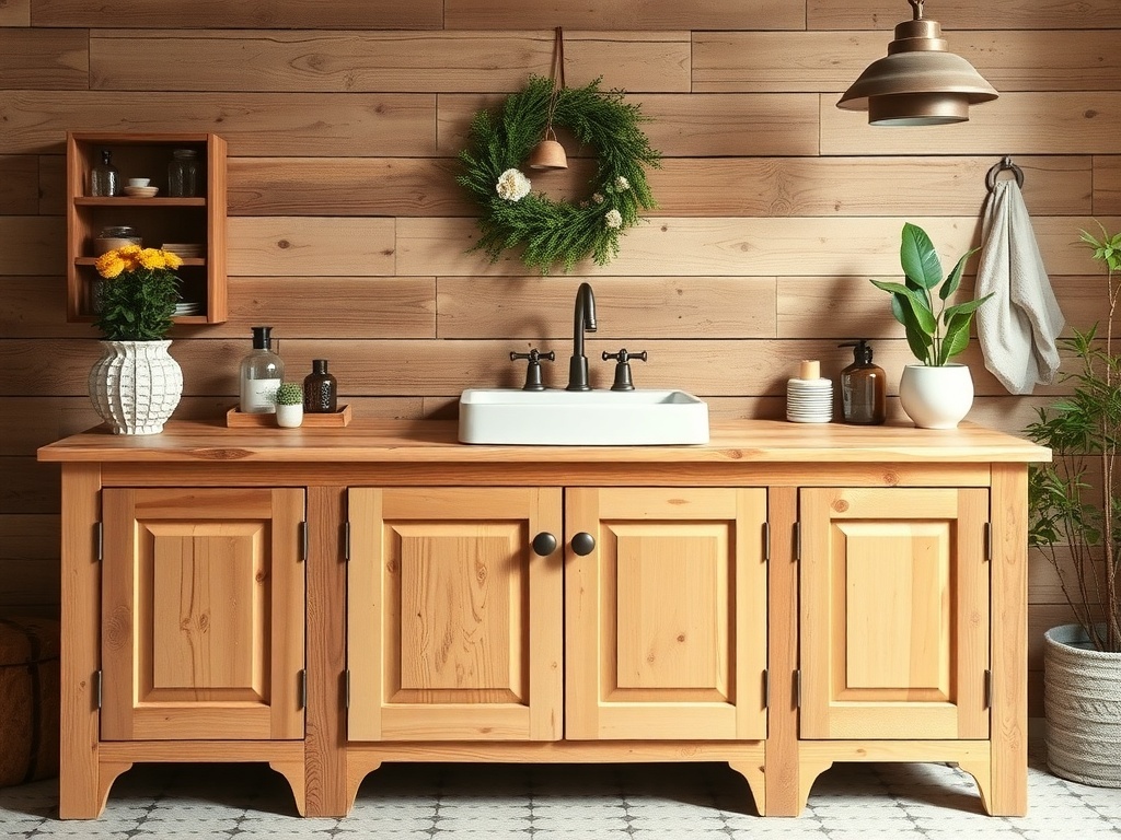 A rustic farmhouse bathroom vanity made of natural wood with a white sink, surrounded by plants and wooden accents.