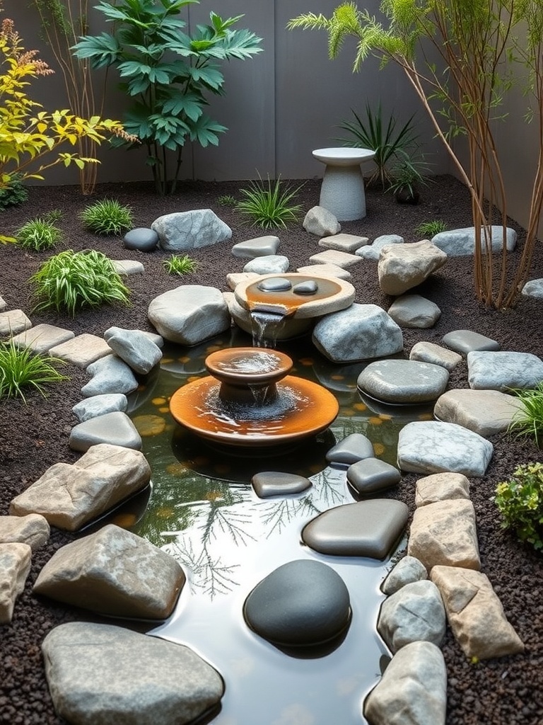 A serene Zen garden featuring smooth stones, a tranquil pond, and minimalist landscaping.
