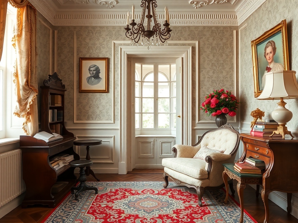 A cozy reading nook in a Rococo Revival living room featuring a plush armchair, a small table with books, a decorative rug, and elegant decor.