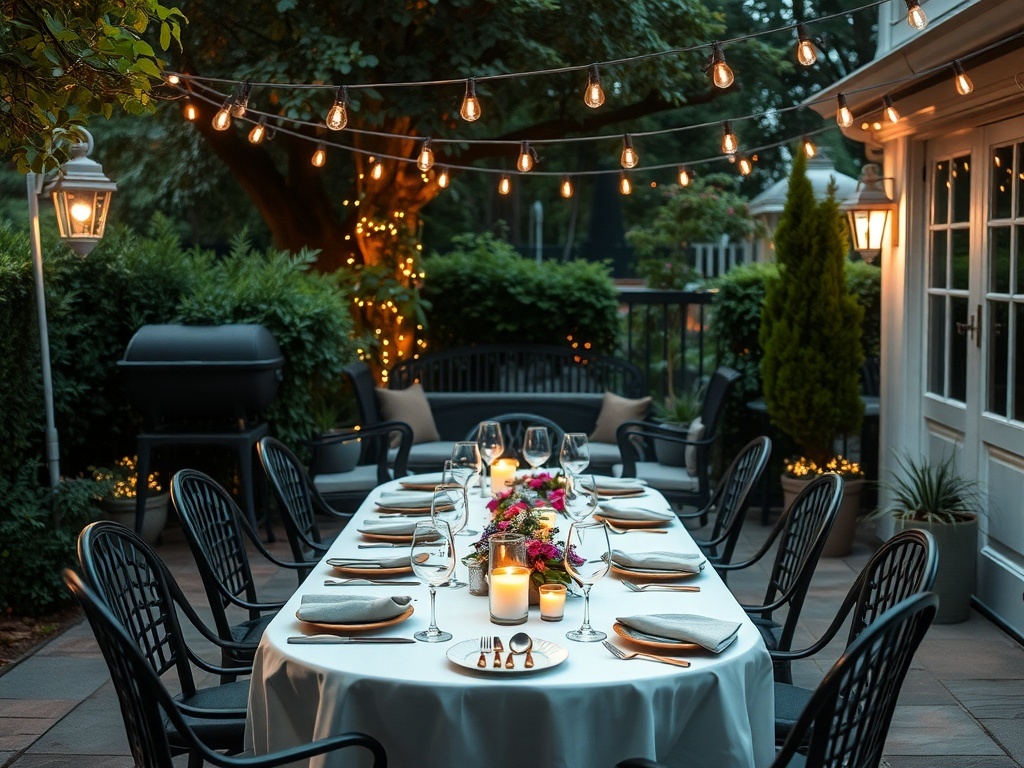A beautifully set outdoor dining table with string lights and candles.