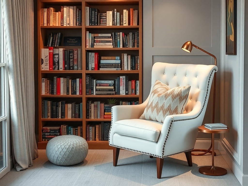 Cozy reading nook with navy accent wall and wooden bookshelf
