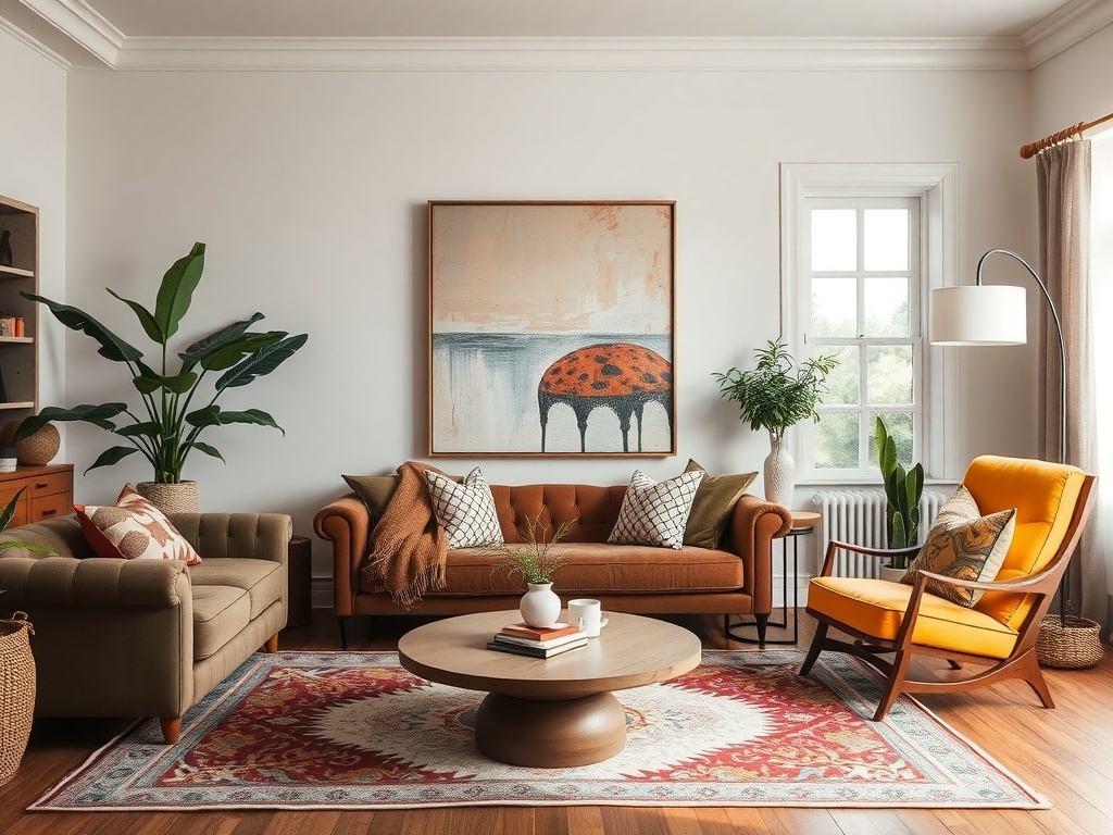 A cozy boho living room featuring a brown sofa, yellow armchair, abstract artwork, and plants.