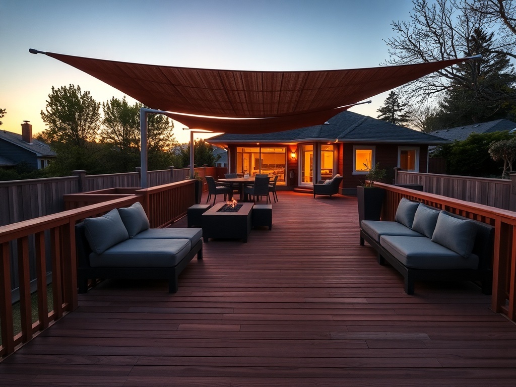 A modern wooden deck with built-in seating and a shade structure, illuminated at dusk.