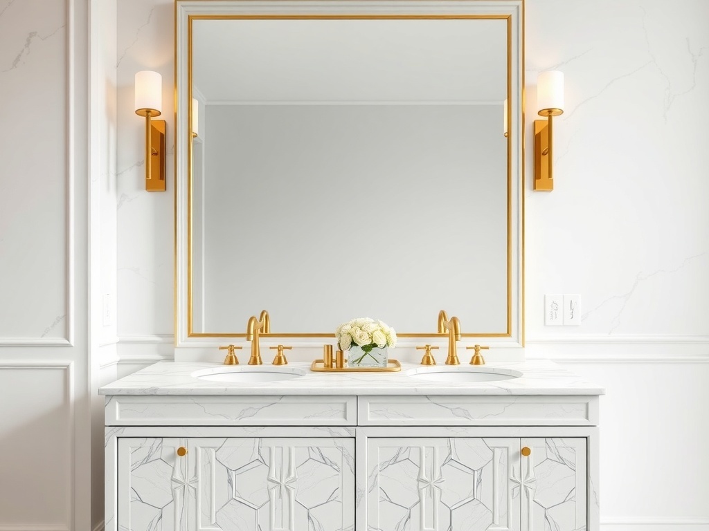 Luxurious bathroom vanity with marble countertop and golden fixtures.