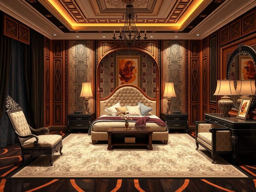 Art Deco inspired luxury bedroom with elegant furniture, rich colors, and sophisticated decor.