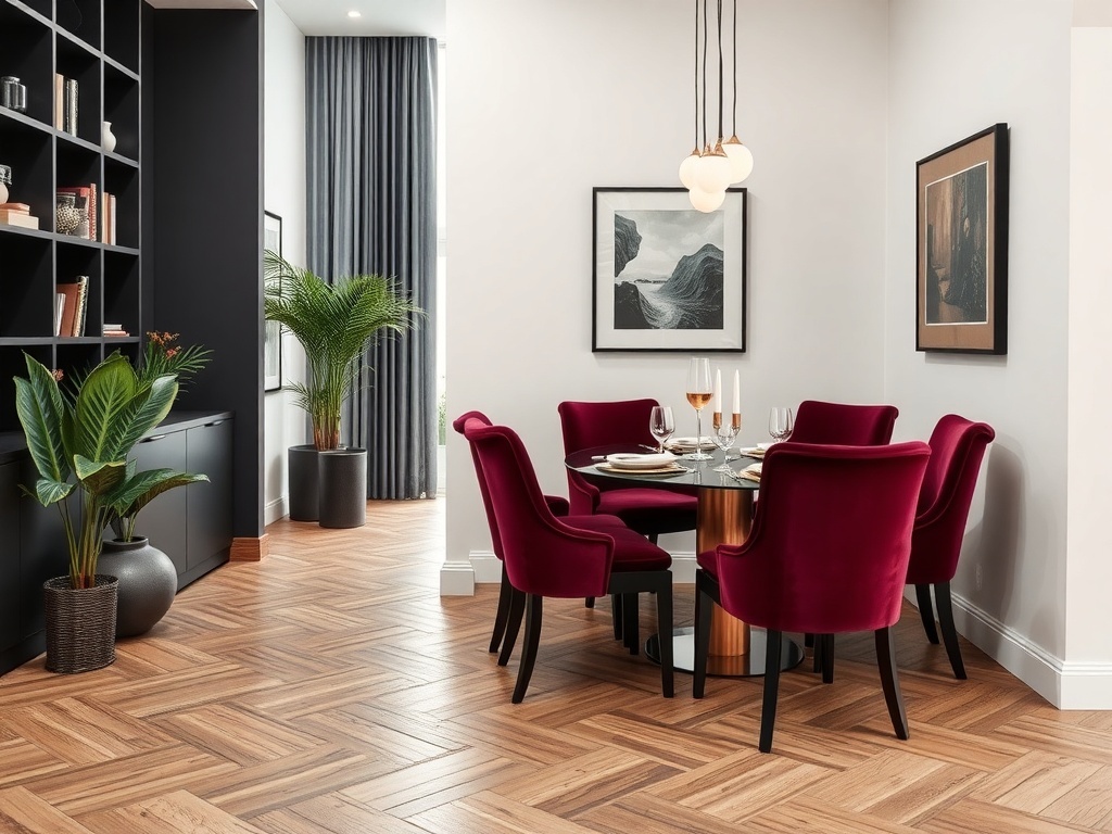 A modern dining room featuring bold velvet upholstered chairs in deep red, a round table, and stylish decor.
