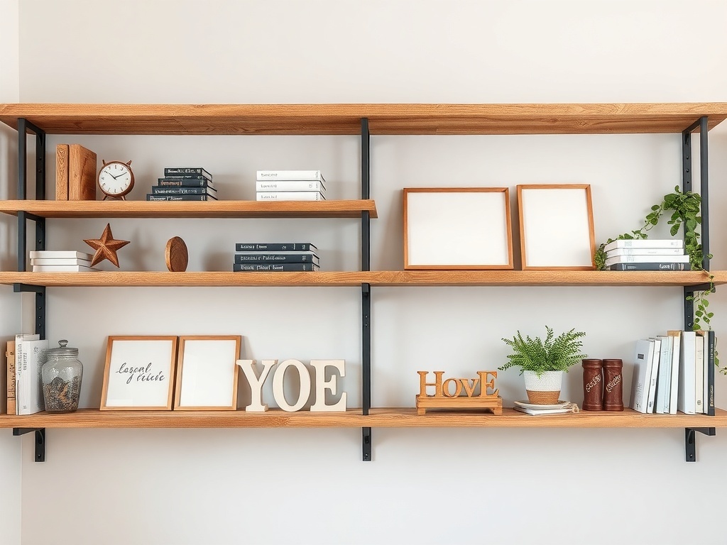 Open shelves styled with books, decorative items, and plants in a kitchen setting.