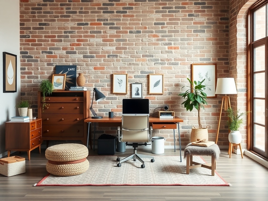 A modern home office featuring exposed brick walls and vintage decor.