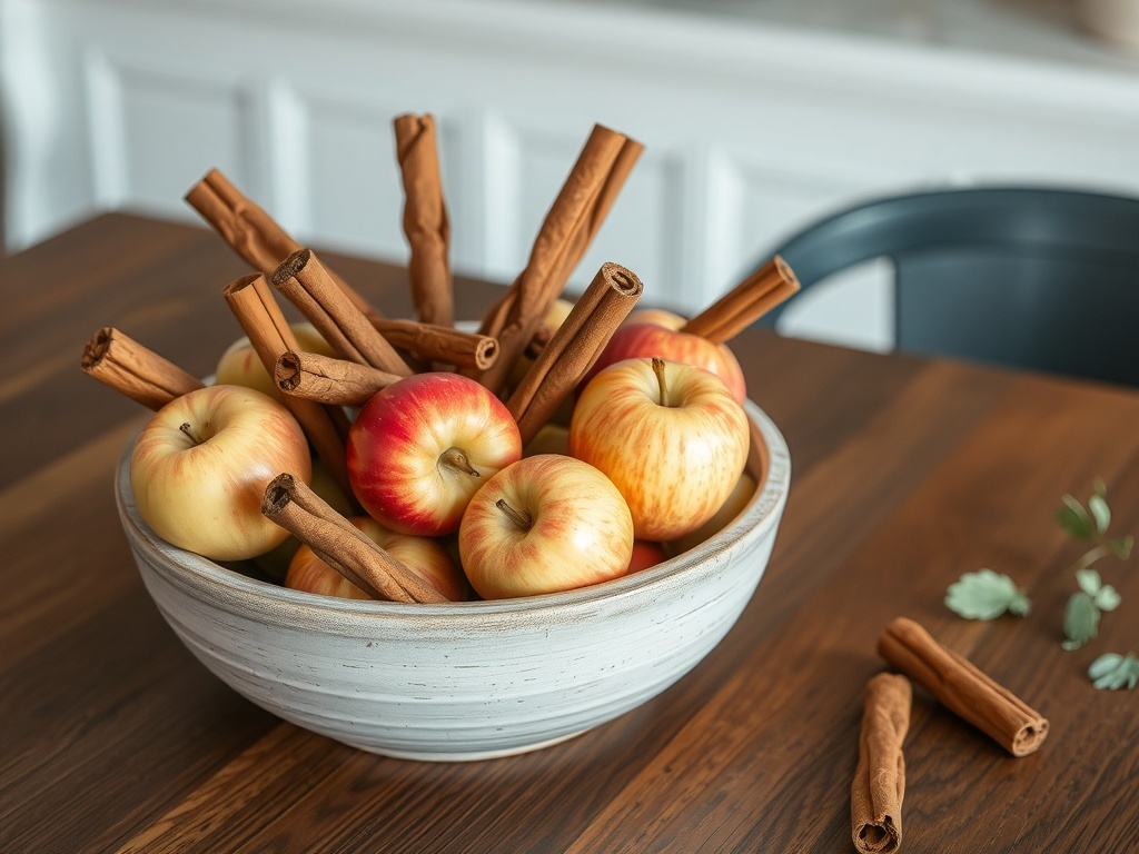 A bowl filled with apples and cinnamon sticks on a wooden table