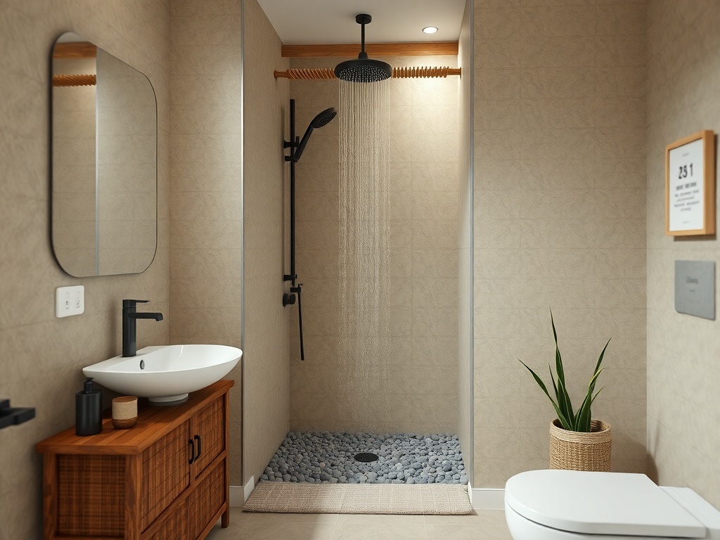 Bamboo shower nook with rainfall showerhead and natural stone flooring
