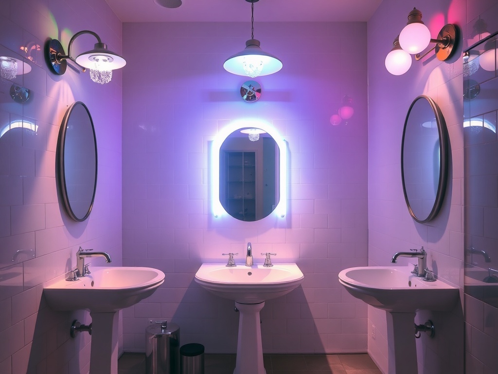 A whimsical bathroom with creative lighting solutions, featuring colorful lights and stylish fixtures.