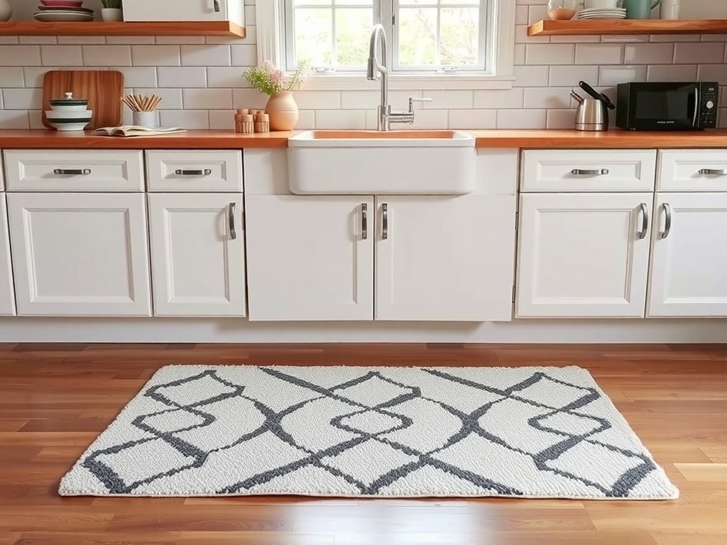 A stylish kitchen rug placed in front of a sink area in a modern kitchen.