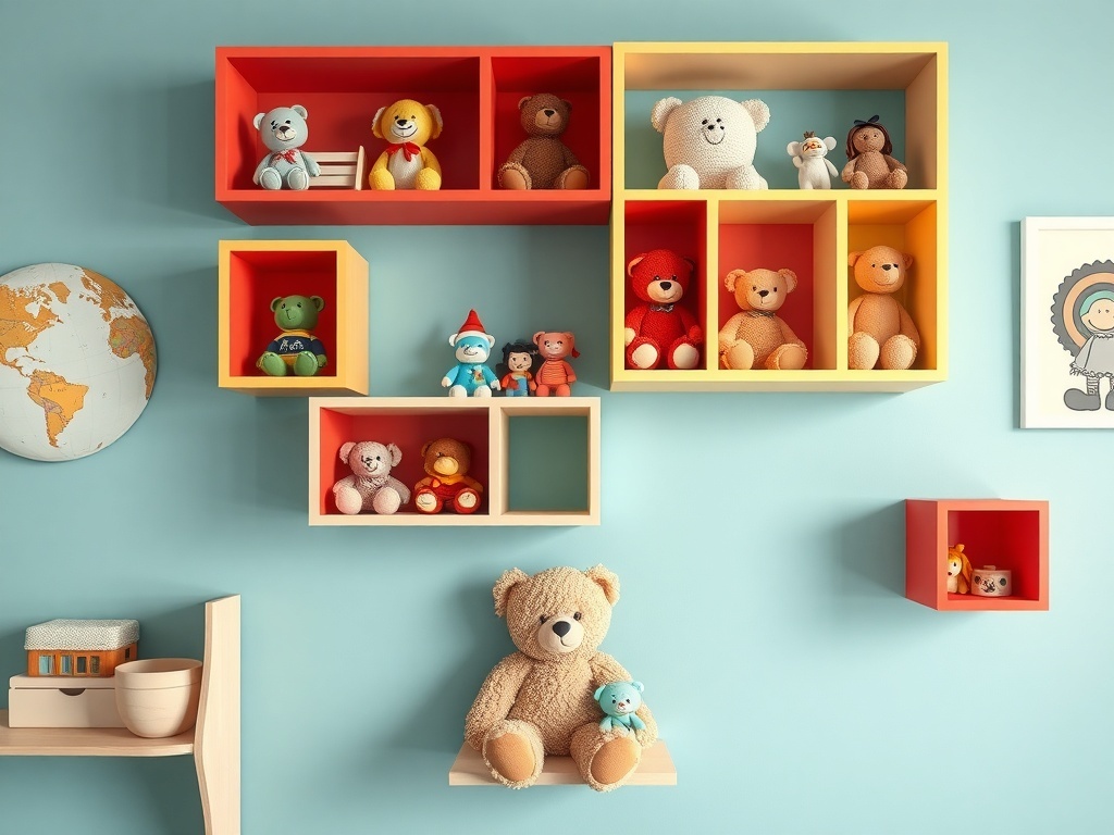 Colorful wall-mounted shelves displaying toys and books in a kids room