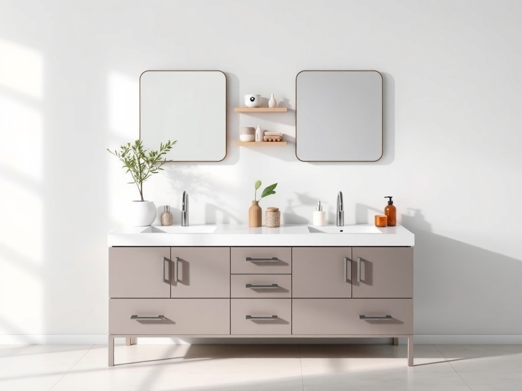 Contemporary dual sink bathroom vanity with natural elements and modern design.
