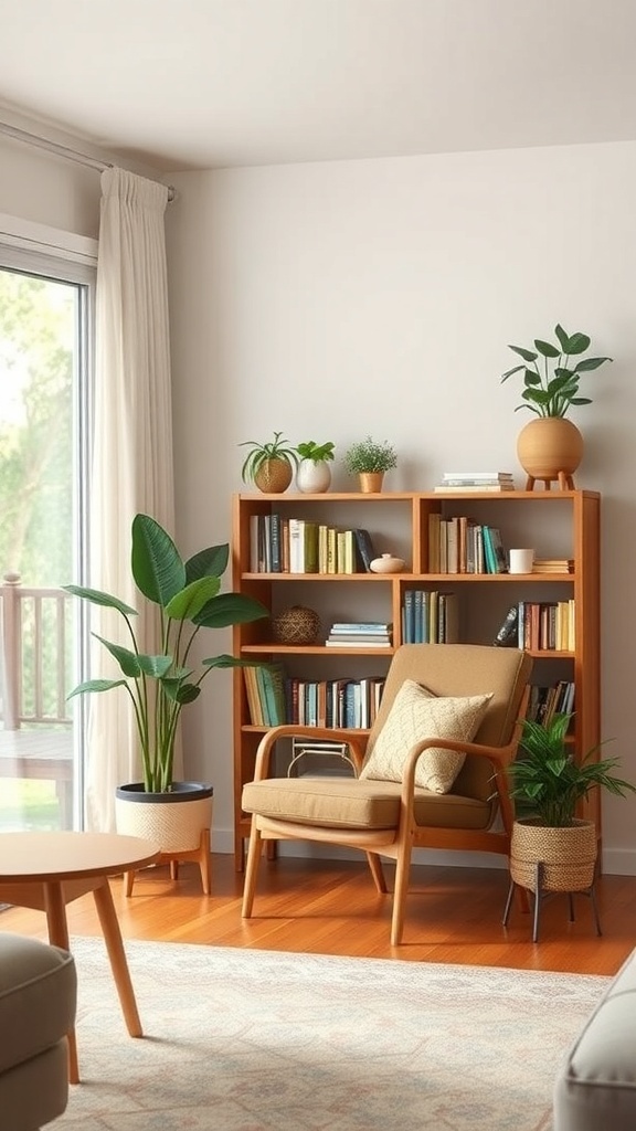 Cozy reading nook with a chair, bookshelf, and plants.