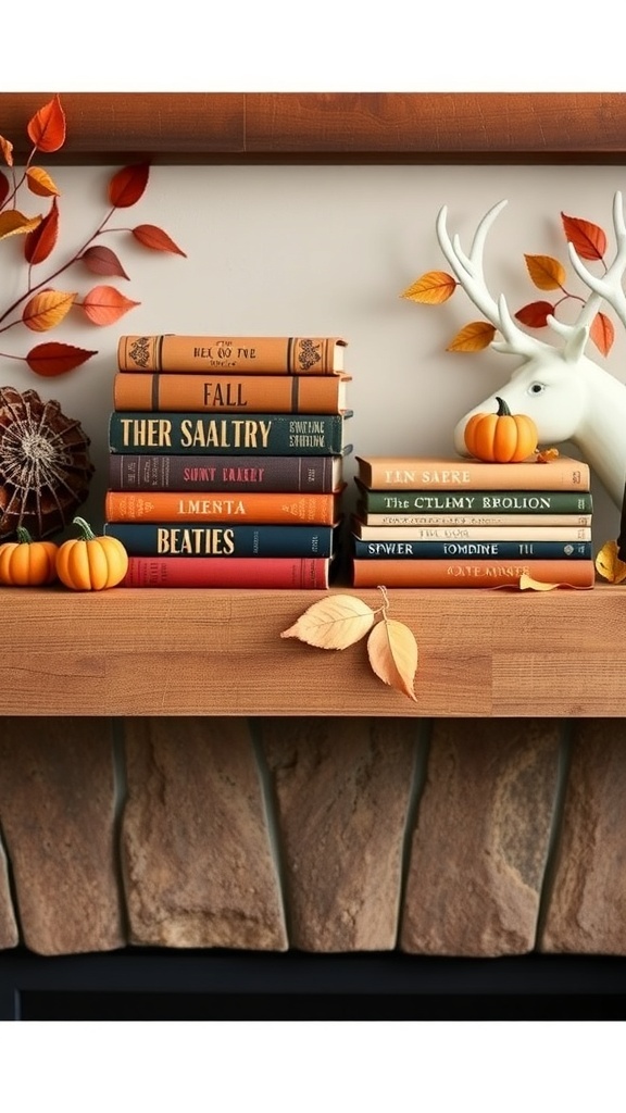 Vintage book stacks decorated for fall with a wreath and a pumpkin