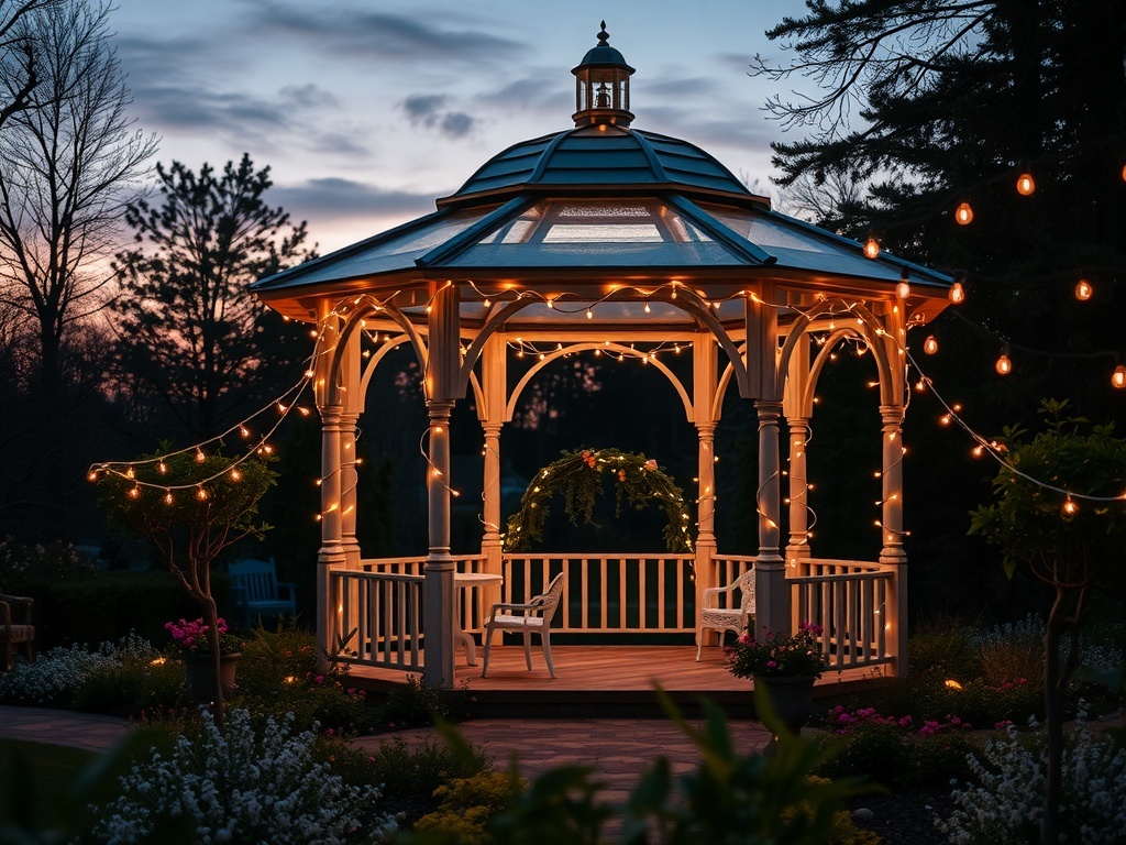 A gazebo adorned with fairy lights, surrounded by a charming garden at dusk.