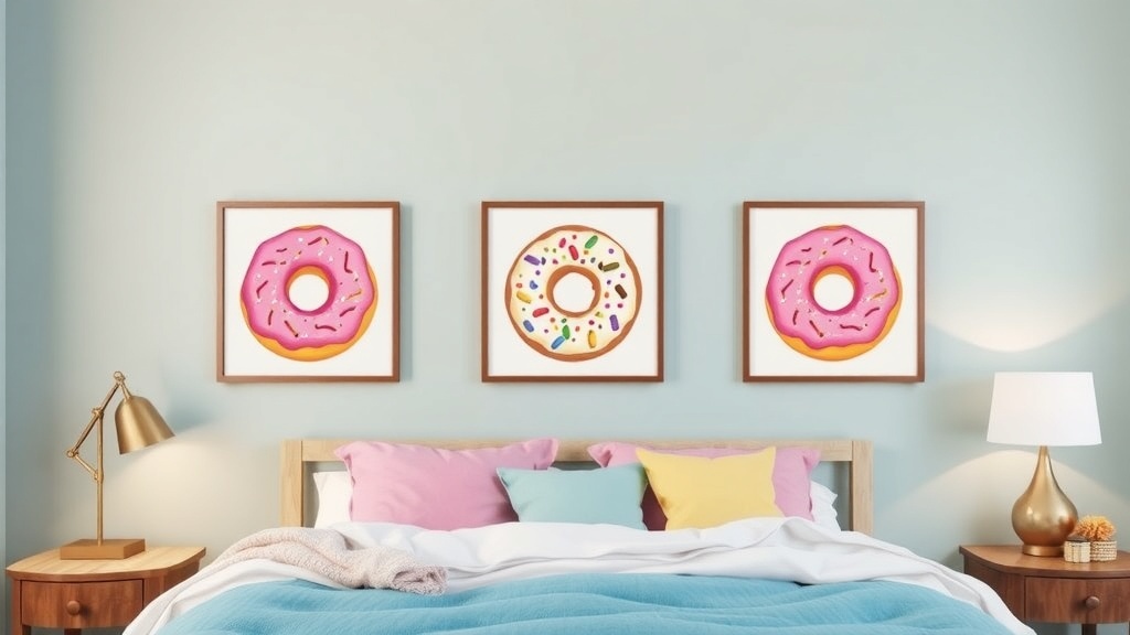 Colorful donut and candy themed artwork in a kids bedroom