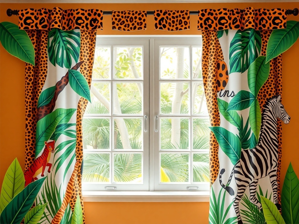 Colorful animal print curtains in a jungle-themed kids bedroom.