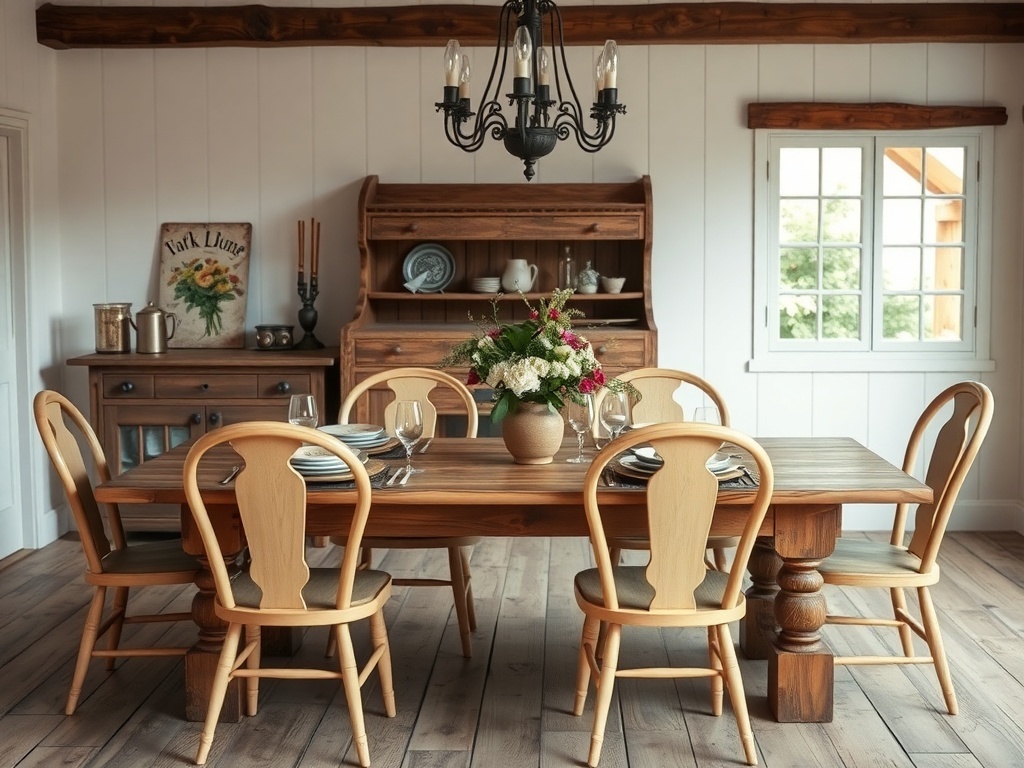 A rustic farmhouse dining room with a wooden table, chairs, and floral centerpiece.