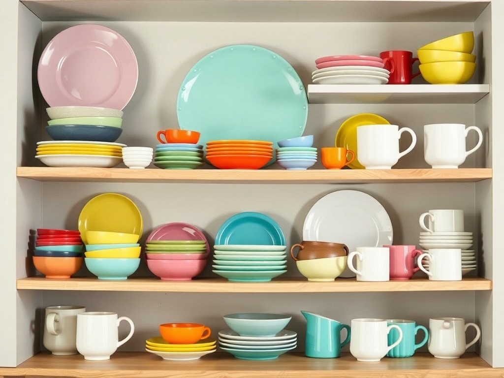 Colorful dishware arranged on open kitchen shelves, showcasing a variety of plates, bowls, and mugs in different colors.