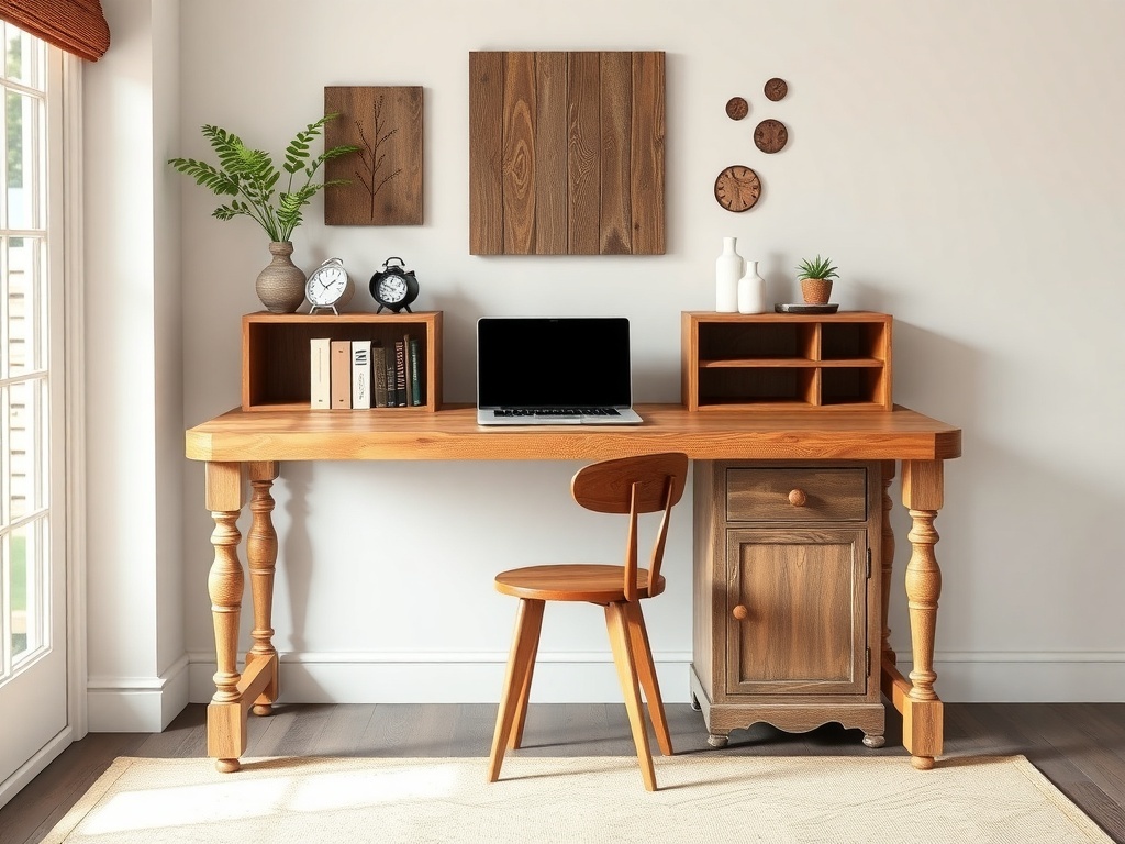 Rustic farmhouse desk with wooden shelves and plants.
