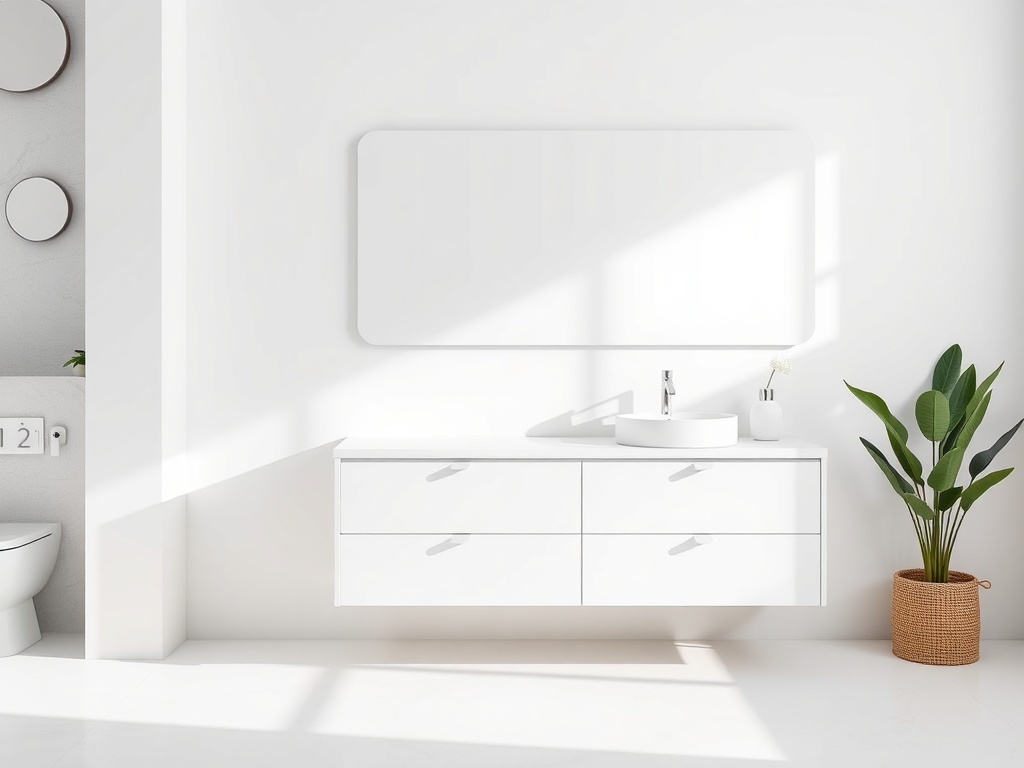 A modern minimalist bathroom vanity with a white finish, round mirror, and a potted plant.