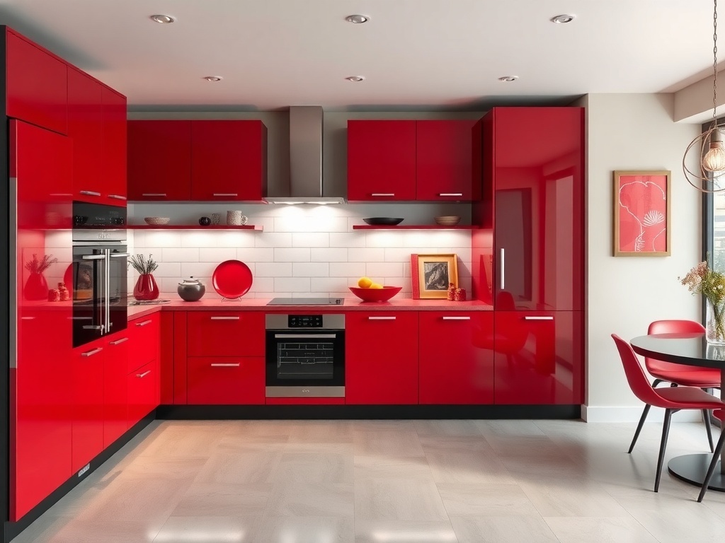 Luxurious red and white kitchen design with modern cabinets and decor.