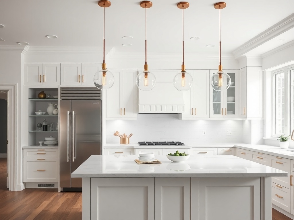 Modern kitchen with illuminated pendant lights over the island
