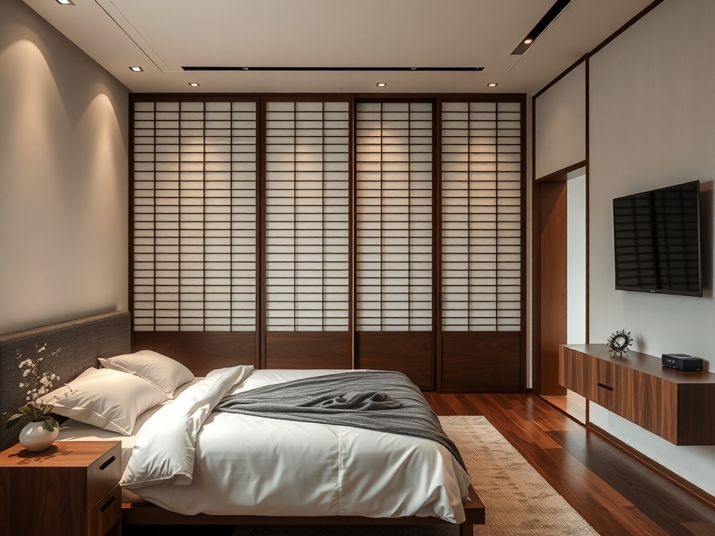 A modern bedroom featuring sliding Shoji screens as room dividers.