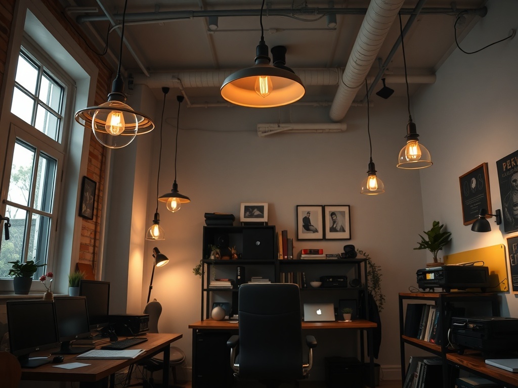 A stylish home office featuring industrial lighting fixtures.