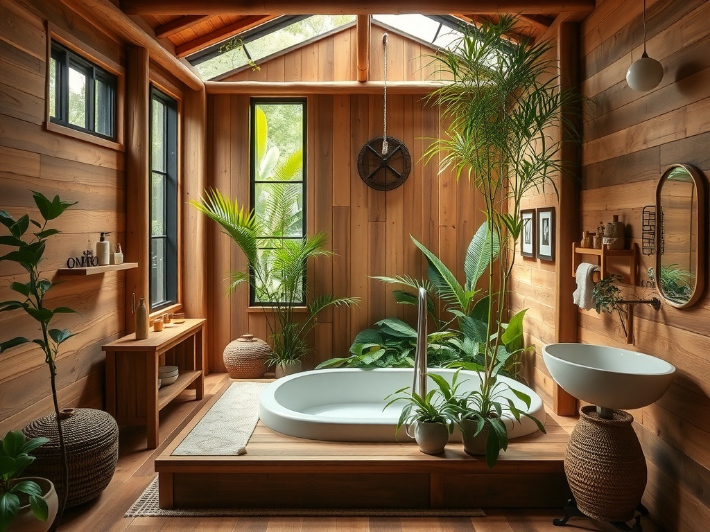 Rustic bathroom with bamboo accents, plants, and natural wood elements