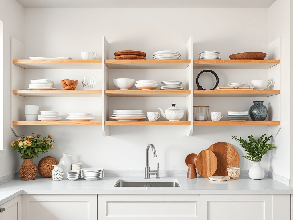 Open shelving displaying white dishware and decorative items in a modern kitchen