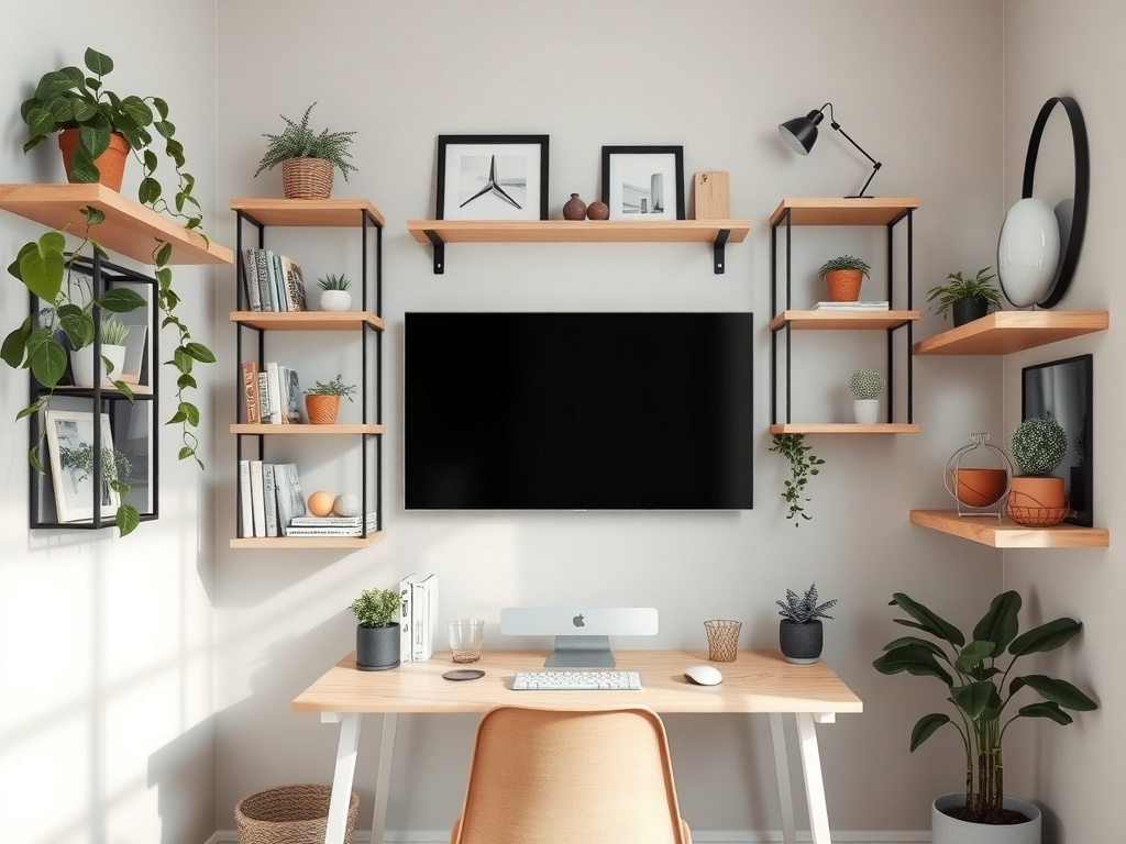 A stylish home office with vertical shelving filled with plants and decorative items.