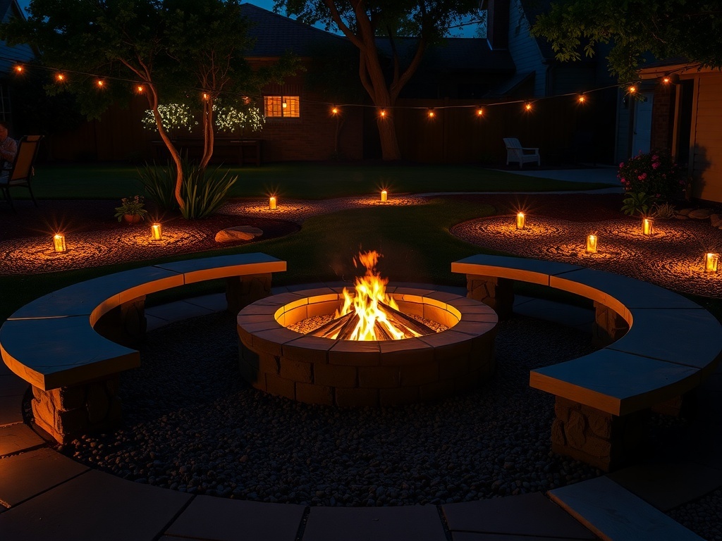 Cozy circular fire pit with stone seating in a backyard setting, featuring warm lights and a fire.