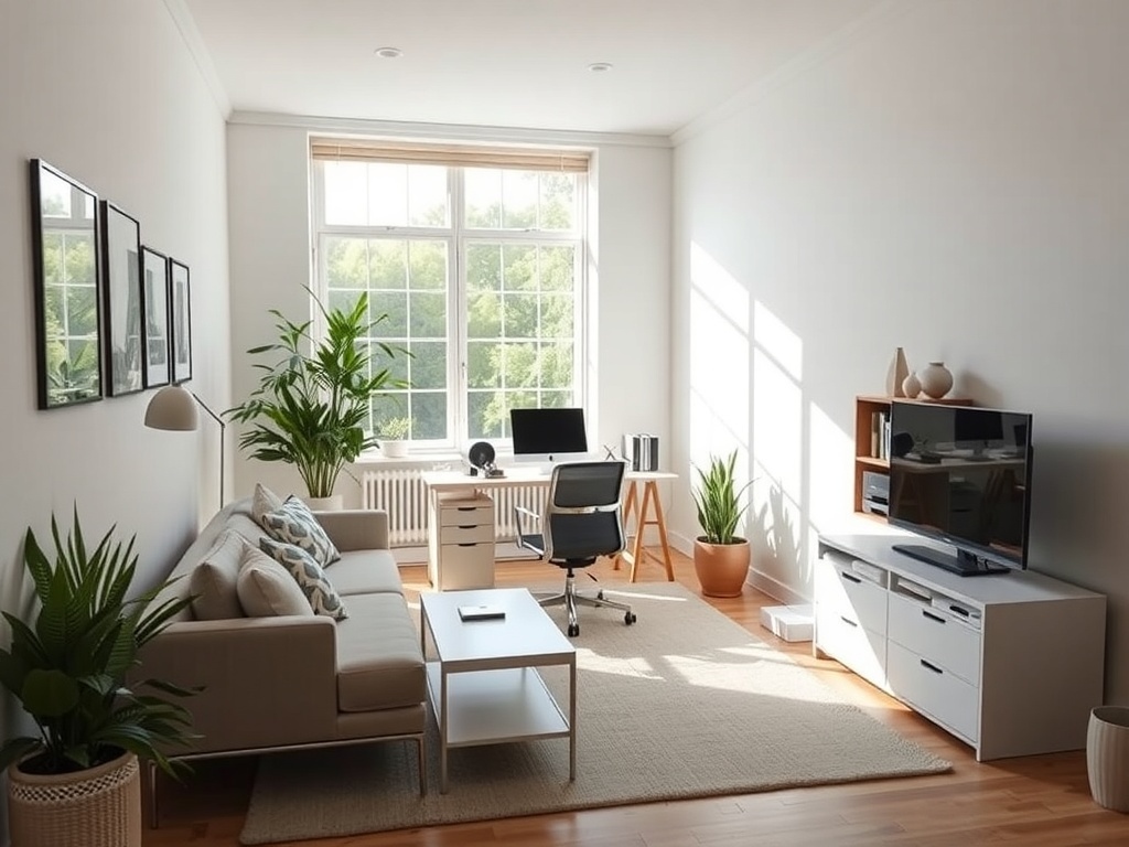 A small home office with a desk, chair, and plants, designed for flexibility.