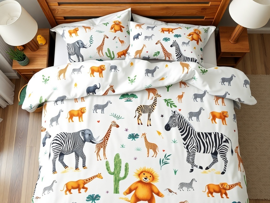 Colorful jungle-themed bedding with various animal illustrations