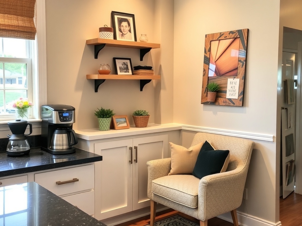 A cozy coffee nook featuring a coffee maker, shelves with mugs, and a comfortable chair by the window.