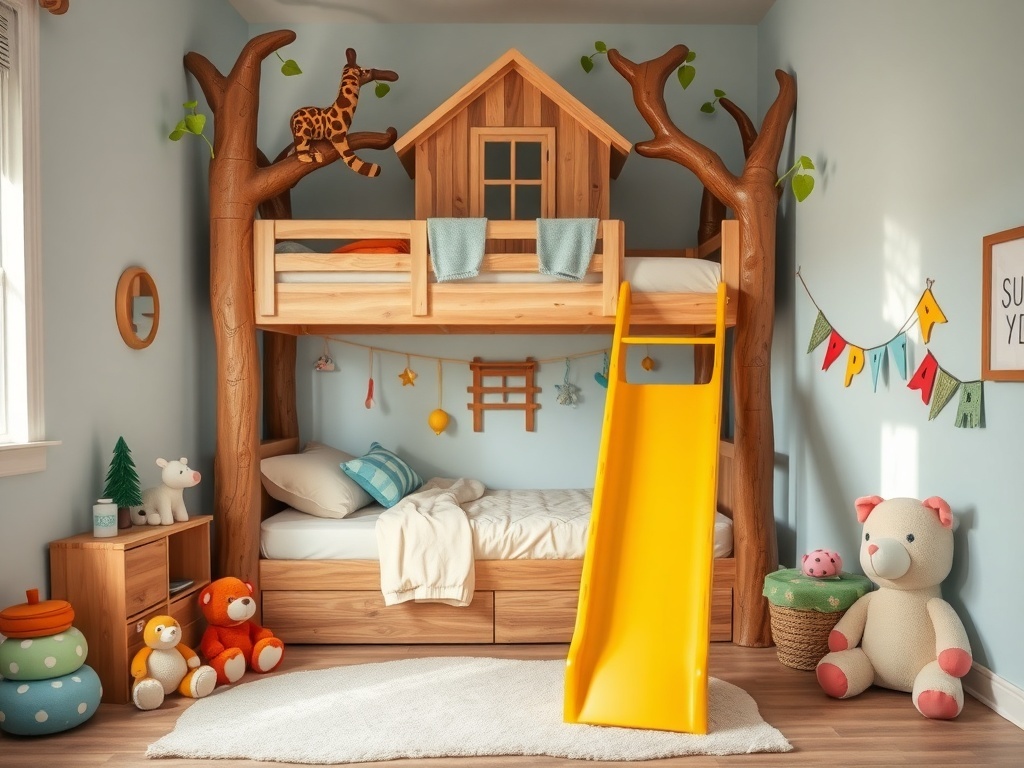 A treehouse-themed bunk bed with a slide, surrounded by playful decor.