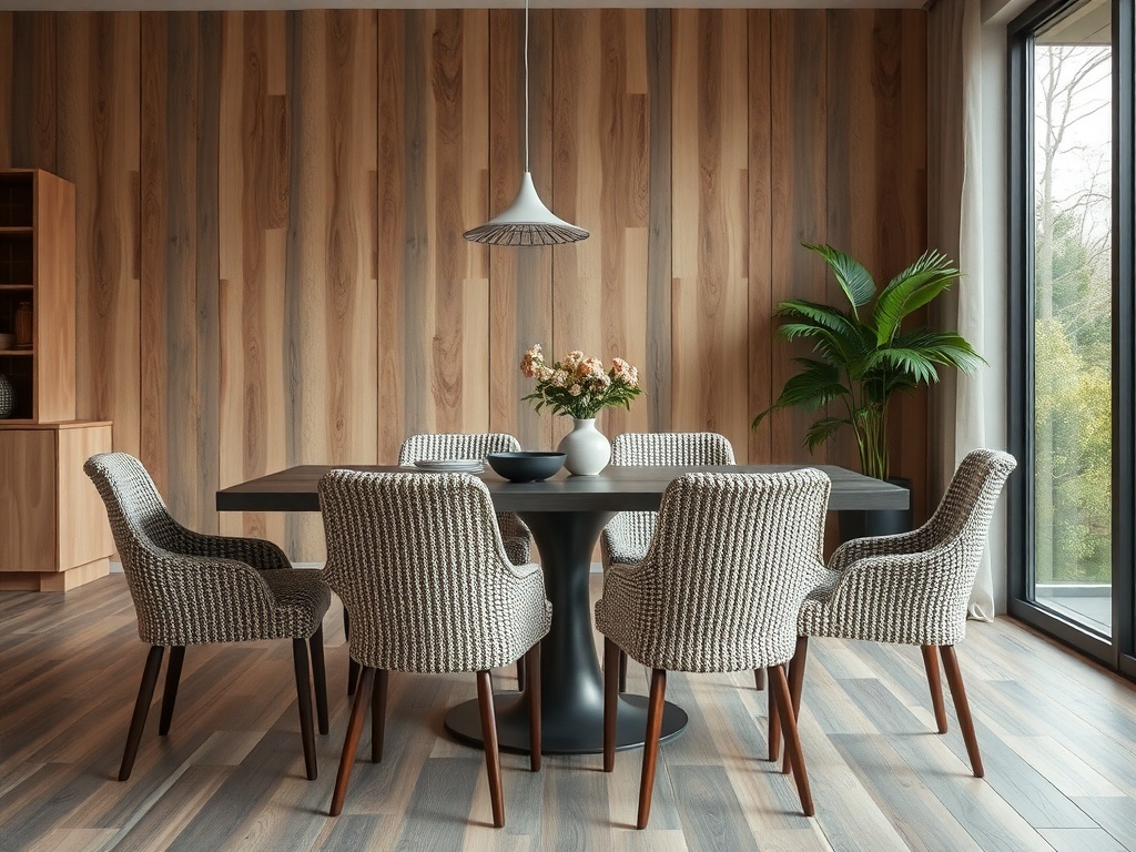A modern dining room featuring knit chair covers, a wooden table, and large windows with greenery outside.