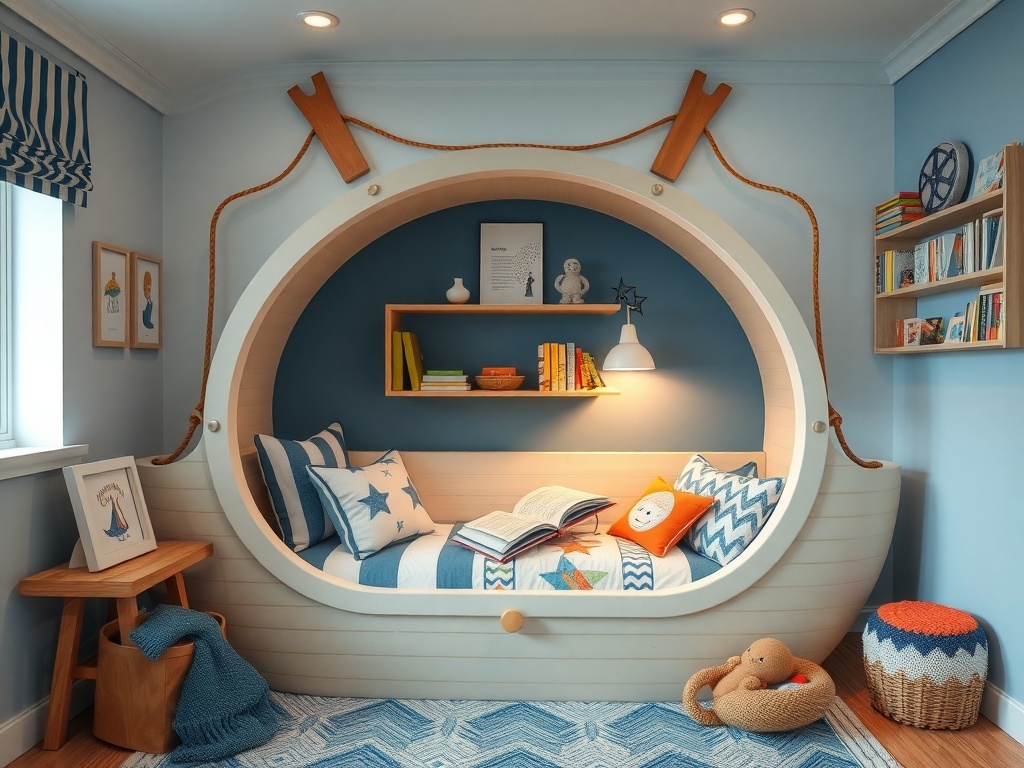 Cozy reading nook in a kids' ocean-themed bedroom with a boat-shaped bed, colorful cushions, and nautical decor.