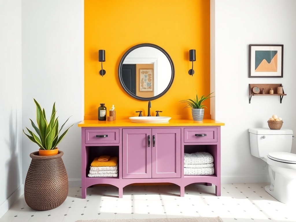 A vibrant bathroom featuring a purple vanity and an orange wall.