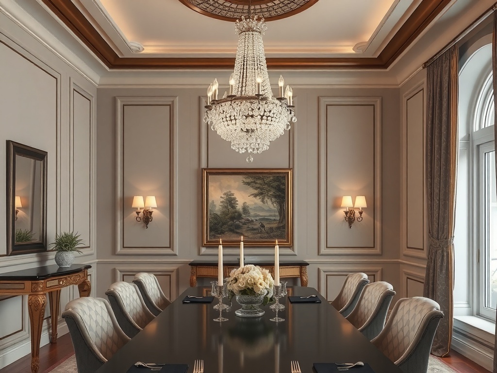 A dining room featuring elegant crystal drop lighting, a long table, and stylish chairs.