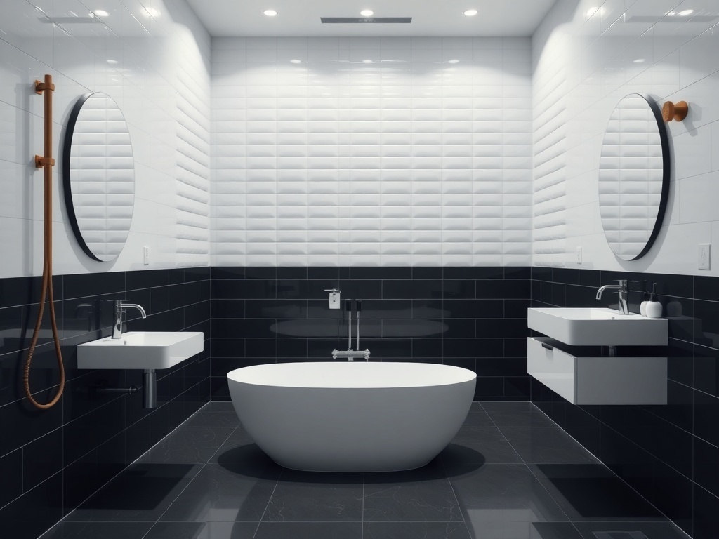 Modern bathroom featuring black and white design with sleek fixtures and minimalist cabinetry.