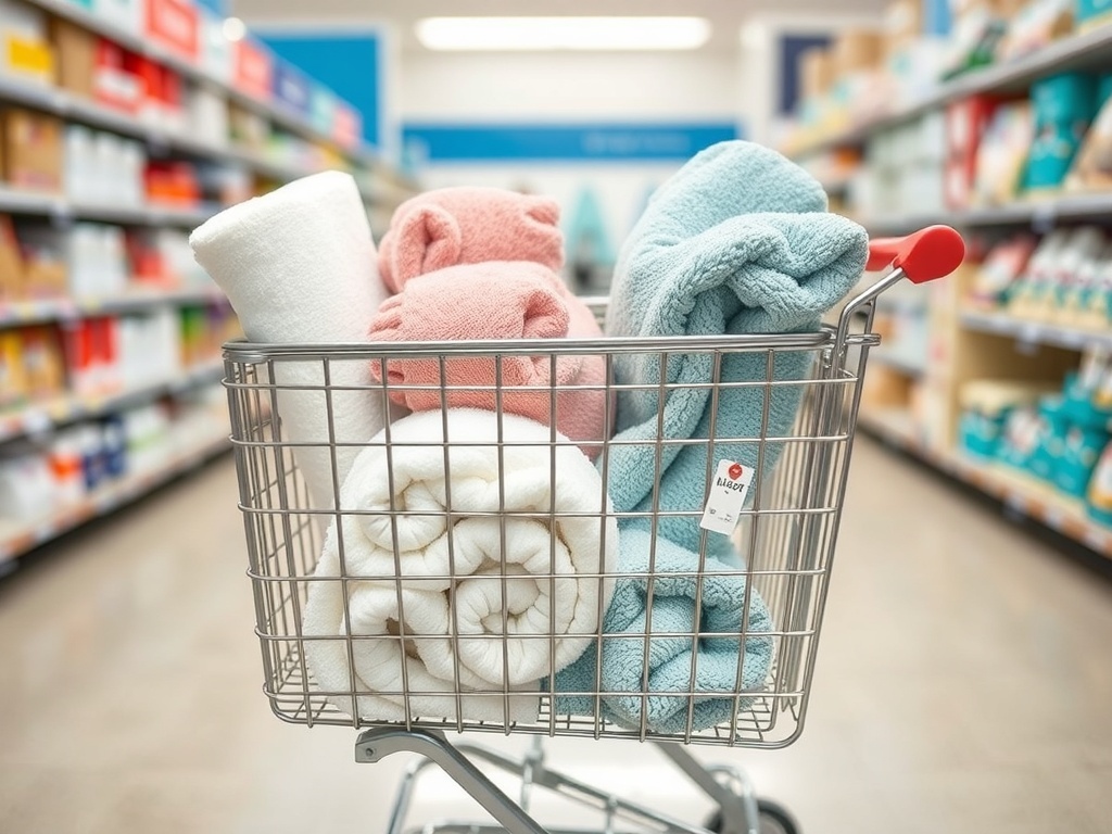A shopping cart filled with colorful towels and mats in a store aisle.
